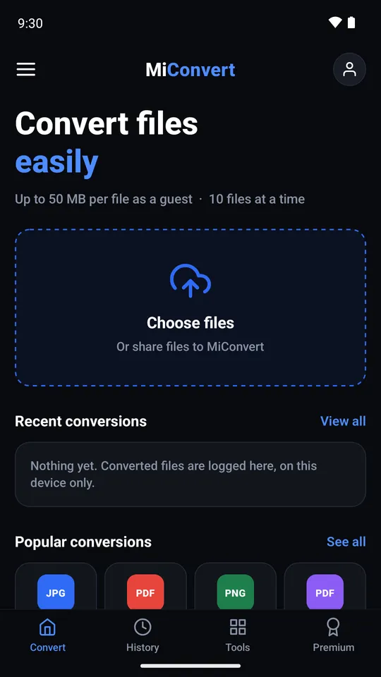 Home screen: choose files, or share them to MiConvert from another app