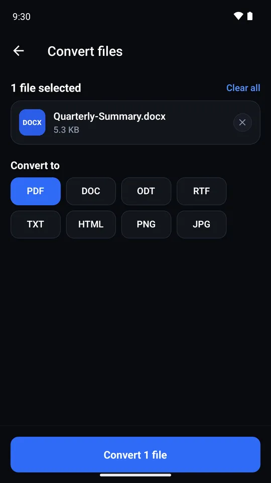 Choosing the output format for a DOCX file