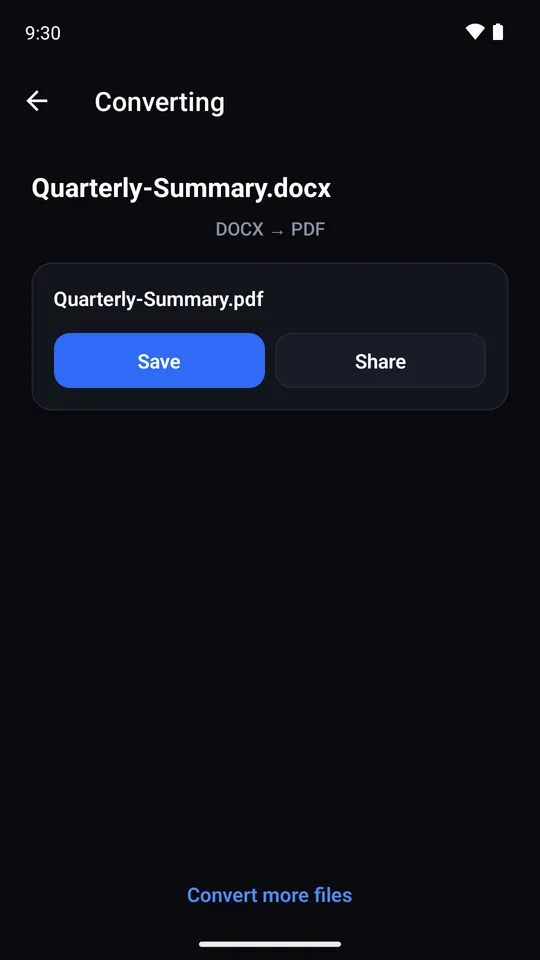 A finished conversion with Save and Share buttons