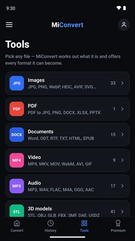 Tools grouped into images, PDF, documents, video, audio and 3D models